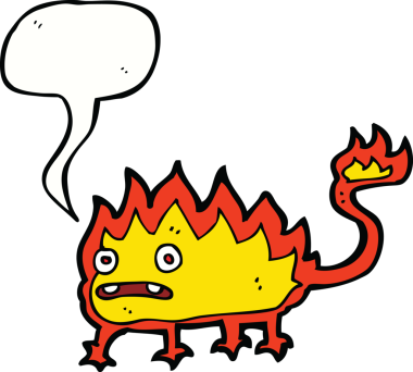 Bir insan tarafından çizilmiş konuşma balonu olan küçük ateş şeytanı çizgi filmi.