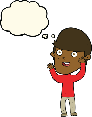 Bir insan tarafından çizilmiş düşünce balonlu mutlu adam çizgi filmi.