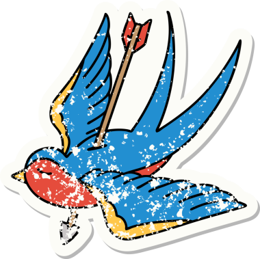 Geleneksel bir kırlangıç stili dövmesi, insan eliyle çizilmiş bir okla delinmiş.