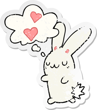 Düşünce baloncuğuna aşık çizgi film tavşanı insan tarafından çizilmiş yıpranmış bir çıkartma gibi.