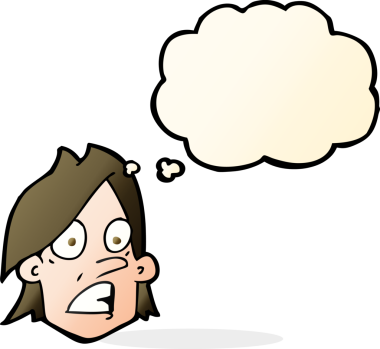 Bir insan tarafından çizilmiş düşünce baloncuklu karikatür korkmuş yüzü.