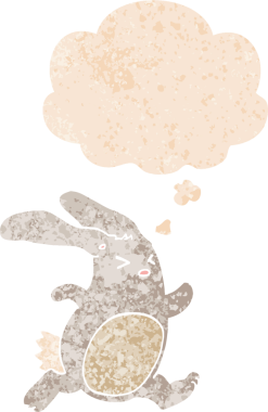 Düşünce baloncuklu çizgi film tavşanı grunge dertli eski moda bir insan tarafından çizilmiş.