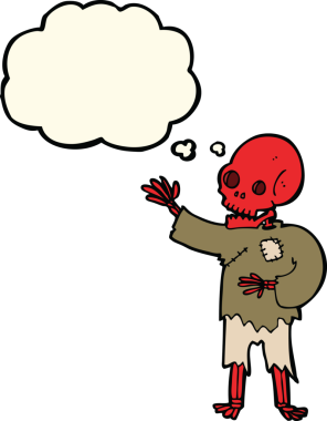 Bir insan tarafından çizilmiş düşünce baloncuğuyla sallanan karikatür iskeleti.