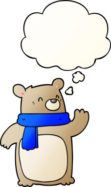 Bir insan tarafından çizilmiş yumuşak eğimli düşünce baloncuklu eşarp takan çizgi film ayısı.