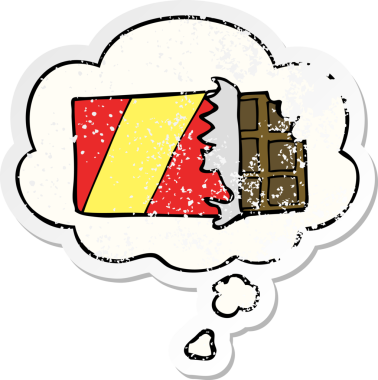 Düşünce baloncuklu çizgi film çikolatası insan tarafından çizilmiş yıpranmış bir çıkartma.