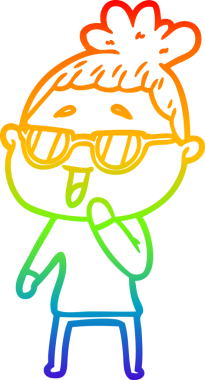 Bir insan tarafından çizilmiş gözlük takan mutlu bir kadının çizgi çizimi.