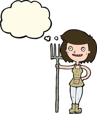 Bir insan tarafından çizilmiş düşünce balonlu mutlu çiftçi kız.