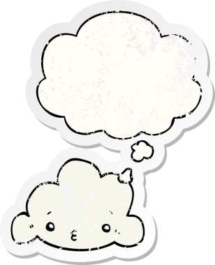 Düşünce baloncuklu karikatür bulutu bir insan tarafından çizilmiş yıpranmış bir çıkartma gibi.