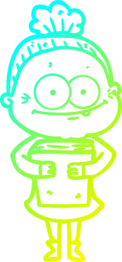 Bir insan tarafından çizilmiş, mutlu, yaşlı bir kadının çizimi.