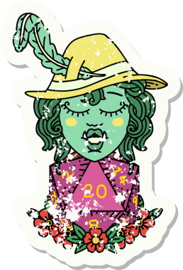 Bir insan tarafından çizilmiş 20 zarlı yarım ork şairin grunge etiketi.