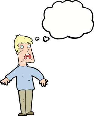 Bir insan tarafından çizilmiş düşünce baloncuğuyla dehşete düşmüş bir adam.