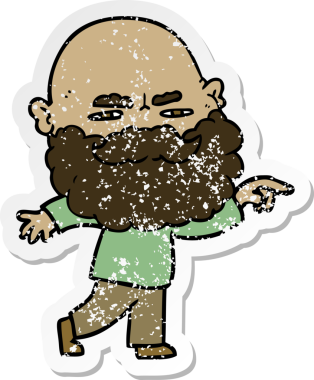 Bir insan tarafından çizilmiş, kaşlarını çatan ve işaret eden sakallı bir çizgi film karakterinin sıkıntılı çıkartması.