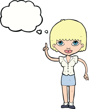 Bir insan tarafından çizilmiş düşünce baloncuğu fikri olan karikatür kadın.