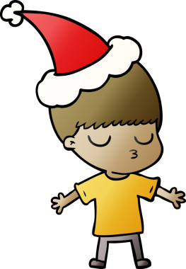 Bir insan tarafından çizilmiş Noel Baba şapkası giymiş sakin bir çocuğun el çizimi karikatürü.