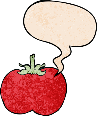 bir insan tarafından çizilmiş eski dokuma tarzında konuşma baloncuklu domates.