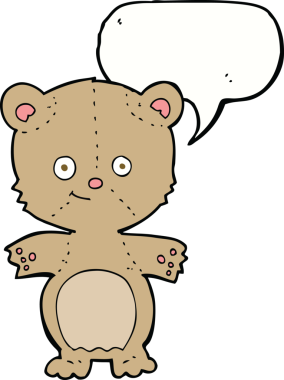 Bir insan tarafından çizilmiş konuşma balonlu mutlu oyuncak ayı.