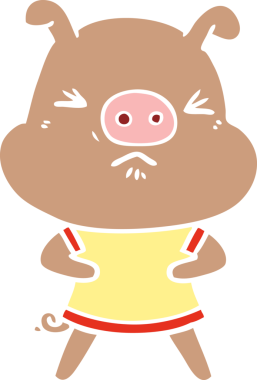 Düz renkli çizgi film. Kızgın domuz. Bir insan tarafından çizilmiş tişört giyiyor.