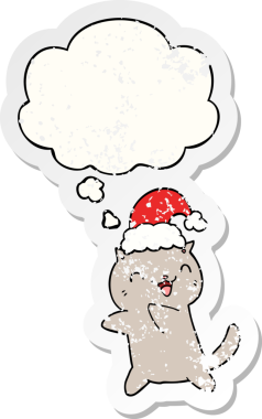 Düşünce baloncuğu olan şirin bir çizgi roman kedisi insan tarafından çizilmiş yıpranmış bir çıkartma.