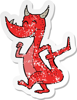 Bir insan tarafından çizilmiş mutlu ejderhanın gerici, sıkıntılı çıkartması.