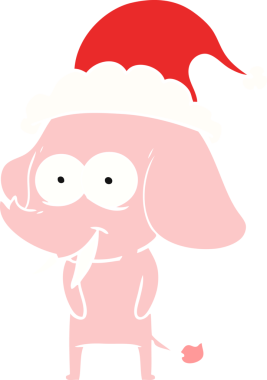 Bir insan tarafından çizilmiş Noel Baba şapkası takan bir filin düz renkli çizimi.