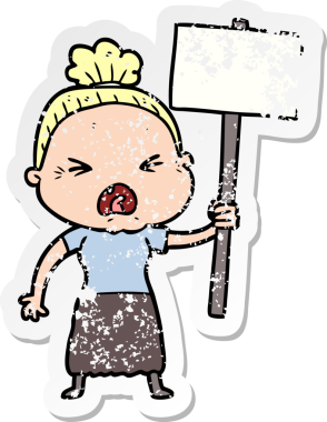 Bir insan tarafından çizilmiş kızgın yaşlı bir kadının sıkıntılı çıkartması.