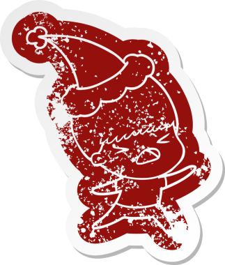 Bir insan tarafından çizilmiş Noel Baba şapkası giyen stresli bir adamın garip karikatürü.