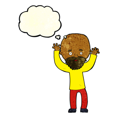 Karikatür sakallı adam bir insan tarafından çizilmiş düşünce balonuyla panikliyor.