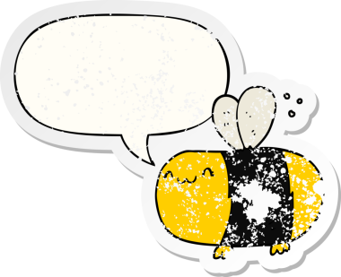 Konuşma baloncuğu olan sevimli çizgi film arısı bir insan tarafından çizilmiş sıkıntılı eski bir çıkartma