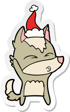 Bir insan tarafından çizilmiş Noel Baba şapkasıyla ıslık çalan bir kurt resmi.