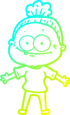 Bir insan tarafından çizilmiş, mutlu, yaşlı bir kadının çizimi.