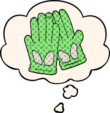 Çizgi roman tarzında bir insan tarafından çizilmiş düşünce balonlu bahçe eldivenleri.