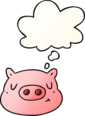Düşünce baloncuklu çizgi film domuz suratı bir insan tarafından çizilmiş.