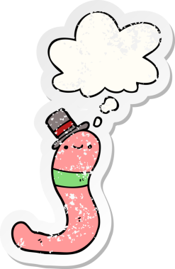 Düşünce baloncuğu olan sevimli bir çizgi film solucanı insan tarafından çizilmiş yıpranmış bir çıkartma.