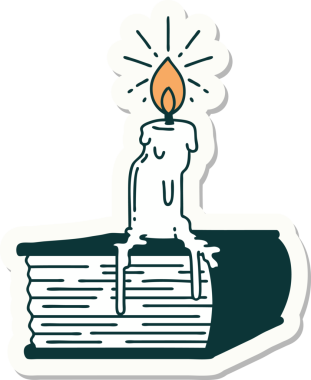 Dövme stili mum çıkartması. Bir insan tarafından çizilmiş kitap üzerinde eriyor.