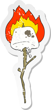 Bir insan tarafından çizilmiş kızarmış marshmallow 'un retro sıkıntılı çıkartması.