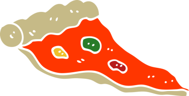 Bir insan tarafından çizilmiş düz renkli çizgi film pizzası.