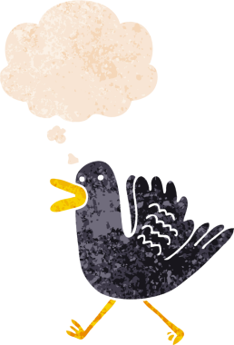 Düşünce baloncuğuyla koşan çizgi film ördeği bir insan tarafından çizilmiş dertli retro stili.