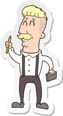 Bir insan tarafından çizilmiş defteri olan bir karikatürcünün çıkartması.