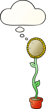 Düşünce baloncuğu olan çizgi film ayçiçeğini bir insan çizmiş.