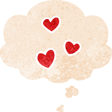 Düşünce baloncuklu karikatür aşk kalbi bir insan tarafından çizilmiş dertli retro stil