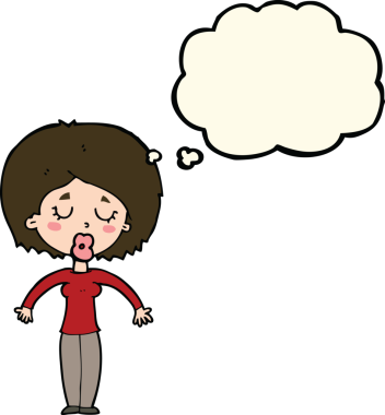 Bir insan tarafından çizilmiş düşünce baloncuğu olan kapalı gözlü çizgi film kadını.