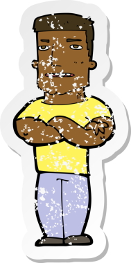 Bir insan tarafından katlanmış kolları olan sert bir karikatürün gerilimli çıkartması.