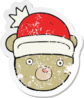 Bir insan tarafından çizilmiş noel şapkası giyen oyuncak ayının gerilemiş çıkartması.