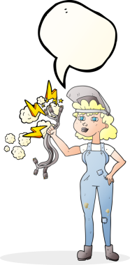 Bir insan tarafından çizilmiş serbest konuşma balonu karikatürü çizen elektrikçi kadın.