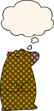 Çizgi roman tarzında bir insan tarafından çizilmiş düşünce kabarcığı olan çizgi film ayısı.