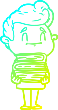 Bir insan tarafından çizilmiş kitap yığınıyla mutlu bir çizgi film adamı çizimi.