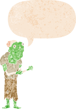 grunge 'da konuşma balonu olan çizgi film zombisi bir insan tarafından çizilmiş dertli retro stili.