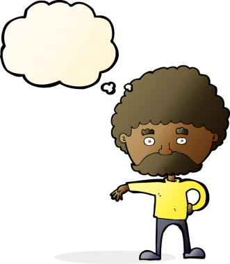 Bıyıklı bir karikatürist, bir insan tarafından çizilmiş düşünce baloncuğuyla kamp hareketi yapıyor.