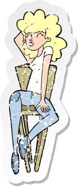 Bir insan tarafından çizilmiş sandalyeye poz veren bir karikatür kadın etiketi.