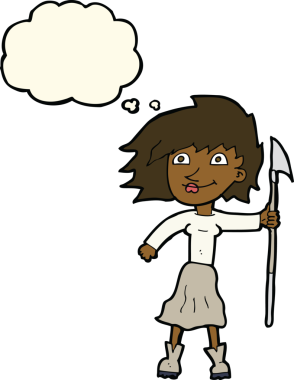 Bir insan tarafından çizilmiş düşünce balonlu mızraklı karikatür kadın.